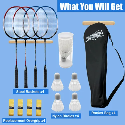 Miniatura 2 de Magicorange Juego de 4 Raquetas de Bádminton para Juegos de Patio Trasero al Aire Libre, Incluye 4 Raquetas, 4 Volantes, 4 Cintas de Agarre