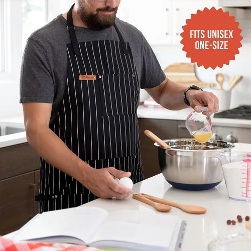 Miniatura 6 de Chef Pomodoro Delantal de chef para hombre y mujer, delantal de cocina con bolsillos y correas ajustables para el cuello, delantal de cocina 100%