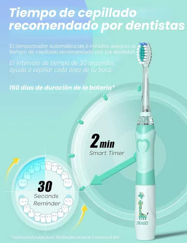 Miniatura 4 de Cepillo de dientes eléctrico infantil, suave, con batería, con temporizador inteligente, resistente al agua, reemplazable, limpieza a fondo