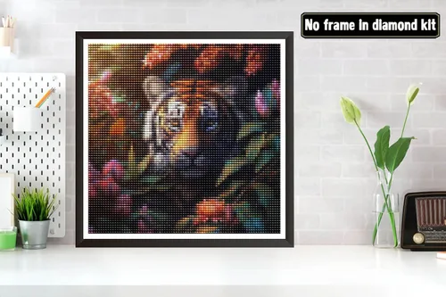 Miniatura 2 de Bimkole Kits de arte de diamantes 5D para adultos, flores alrededor del tigre, set de bordado de pedrería DIY animal de taladro completo, pintura