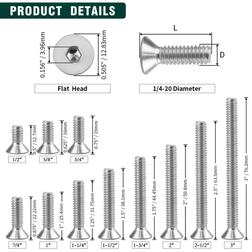 Miniatura 7 de Tornillos de cabeza avellanada plana 1/4-20 x 1, cobertura completa de rosca de máquina, unidad hexagonal Allen, acero inoxidable 304 18-8 SS, 25