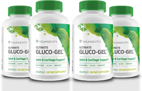 Youngevity Ultimate Gluco-Gel - para huesos, tendones, huesos y cartílagos | Contiene glucosamina, gelatina y manganeso | 120 cápsulas | 4 botellas