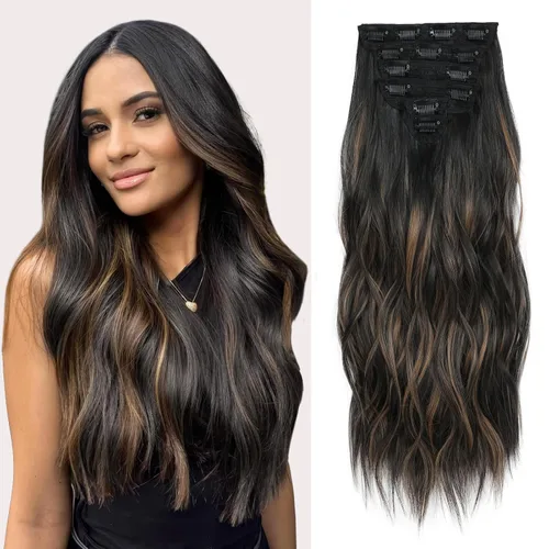 Extensiones de cabello con clip para mujer, negro natural con reflejos marrones, 20 pulgadas, 6 piezas, extensiones de cabello largo, ondulado,