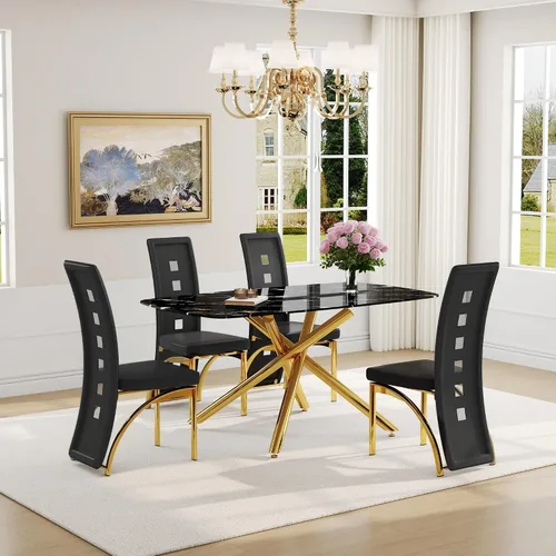 Miniatura 16 de Juego de mesa de comedor moderna para mesa de comedor negra de 4,63 pulgadas, juego de 4 con patas de metal dorado, mesa de cocina rectangular