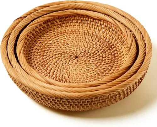 Miniatura 9 de I-lan Cesta de pan de ratán de 9 pulgadas con pared de 2 pulgadas, bandeja plana de mimbre con borde enrollado, cuenco redondo decorativo para todos