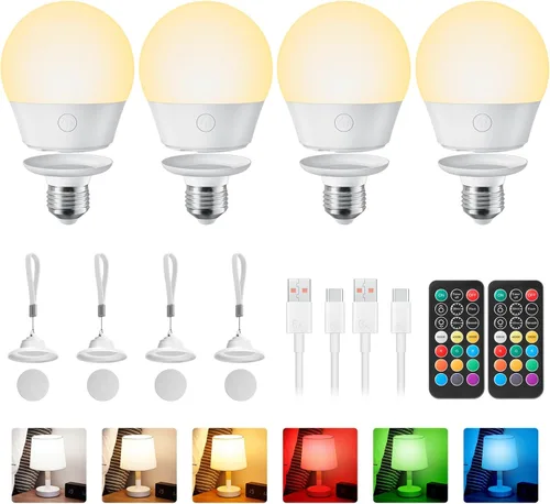 Miniatura 10 de Brightown E26 Bombilla recargable con control remoto y temporizador, bombilla con batería de respaldo para apliques y lámparas, bombillas magnéticas