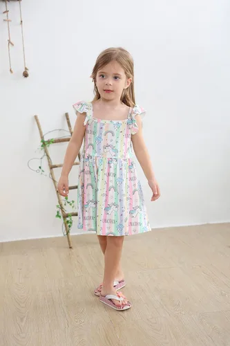 Miniatura 4 de Popshion Vestidos de niña con mangas con vuelo, vestido de verano para niños, fiesta de cumpleaños, sin mangas, vestido de 1 a 8 años