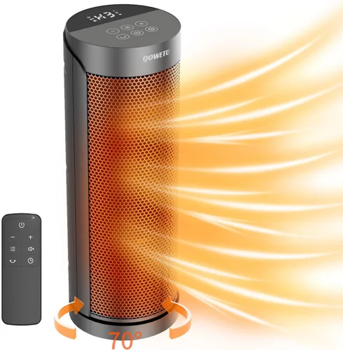 QOWETU - Calentador de espacio portátil para uso en interiores con control remoto, calentador eléctrico oscilante de 70°, 17 pulgadas, temporizador