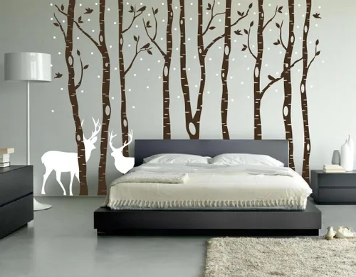 Miniatura 3 de Innovative Stencils Calcomanía de vinilo de abedul para pared, bosque con pájaros de nieve y ciervos, extraíble (9 árboles) #1161