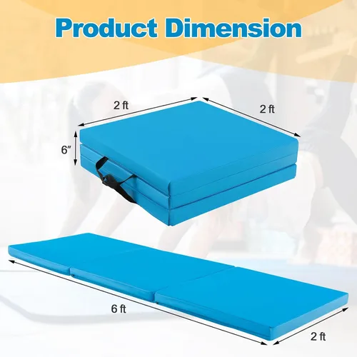 Miniatura 7 de Goplus Esterilla de Gimnasia Plegable, 6' x 2' x 2'' de Grosor Tri-Fold Esterilla de Ejercicio y Volteretas con Asas de Transporte, Cierre de Gancho