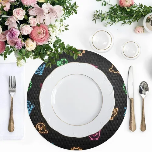 Miniatura 5 de Neon Cute Faces Black Round Table Placemats, Non Slip Washable Placemats Non Slip for Kitchen Table one sizex6