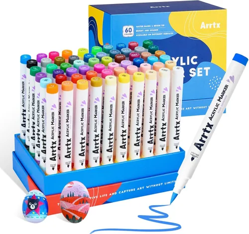 Arrtx Marcadores de pintura con 60 colores, marcadores de pintura acrílica con punta de pincel para madera, lienzo, piedra, pintura en roca,