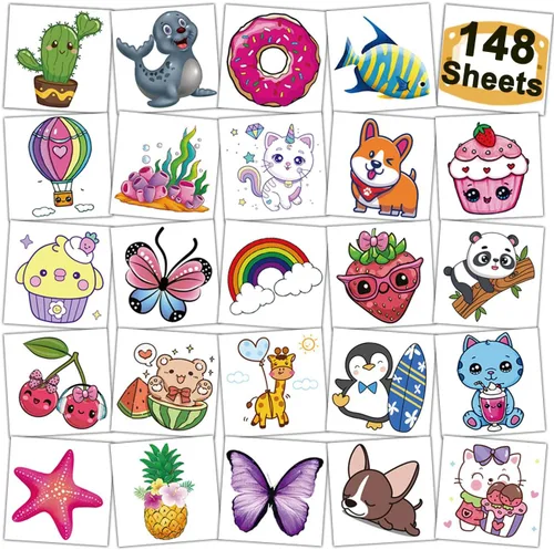 CHARLENT Tatuajes para niños – 148 hojas individuales de estilos mixtos de tatuajes temporales, juego de calcomanías para niñas y niños, suministros