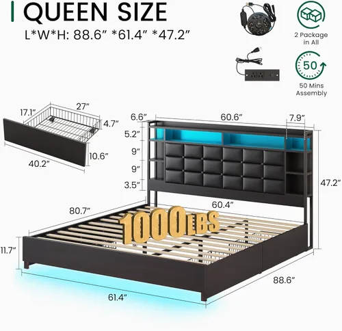 Miniatura 2 de LARMACE Marco de cama tamaño Queen con 4 cajones de almacenamiento y cabecera de estantería, tapizado de piel sintética, marco de cama de plataforma