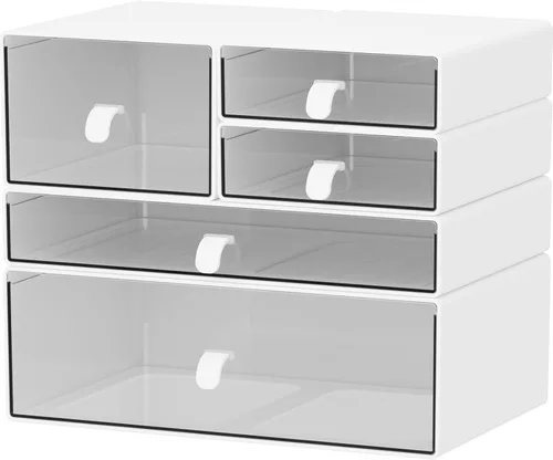 Juego de organizador de escritorio, cajas de almacenamiento apilables blancas y transparentes a prueba de polvo para escritorio, oficina, baño,