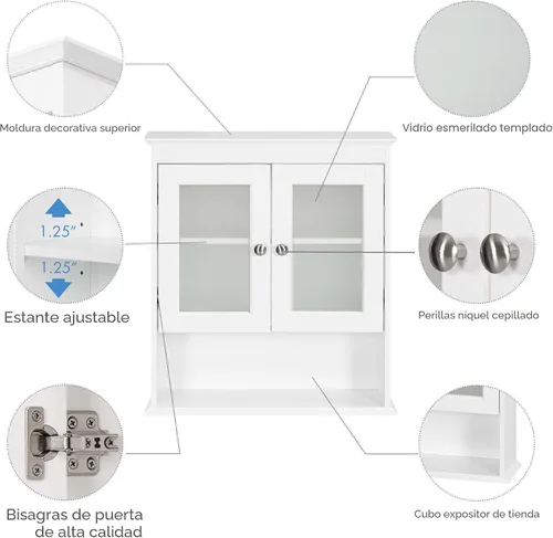 Miniatura 5 de Spirich Armario de baño montado en la pared, organizador de botiquín con puertas de vidrio y estantes ajustables, armario de pared de baño sobre