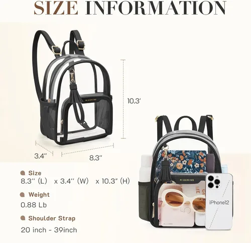 Miniatura 2 de Missnine Mochila transparente aprobada para estadios, mini bolsa transparente de PVC grueso con ribete de cuero para eventos deportivos, conciertos