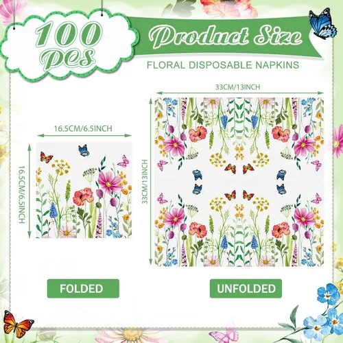 Miniatura 2 de Teling 100 servilletas de papel florales, 3 capas desechables para invitadas/servilletas de cóctel, servilletas de fiesta de flores silvestres