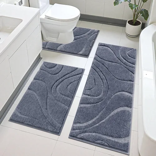 Miniatura 11 de Juego de alfombras de baño HEBE de 5 piezas, tapete de baño de microfibra suave y absorbente para el baño, juego de alfombras de baño antideslizante