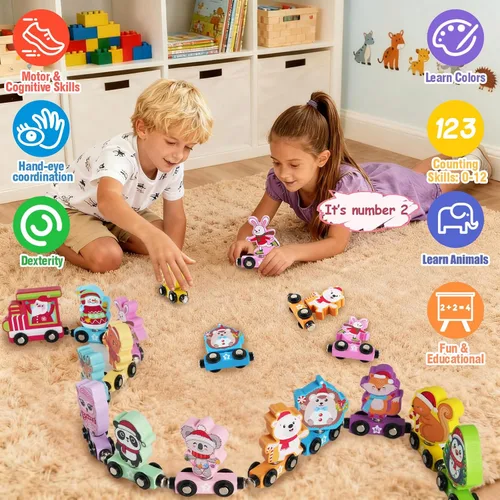 Miniatura 2 de Calendario de Adviento de tren 2025 para niños pequeños, juego de regalo magnético de tren de animales de madera, calendario de cuenta regresiva