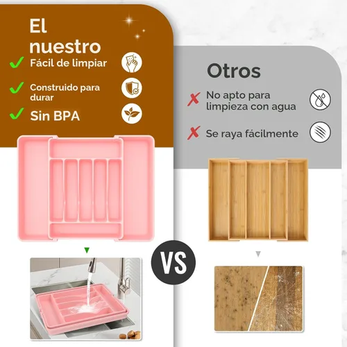 Miniatura 7 de ukeetap Organizador de cubiertos expandible extragrande, sin BPA, apto para alimentos, organizador de cajones de utensilios de cocina, soporte Rosa