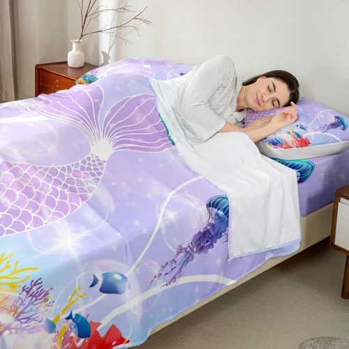 Miniatura 2 de Erosebridal Juego de sábanas tamaño individual de cola de sirena para niños, decoración de habitación de sirena, sábana bajera ajustable