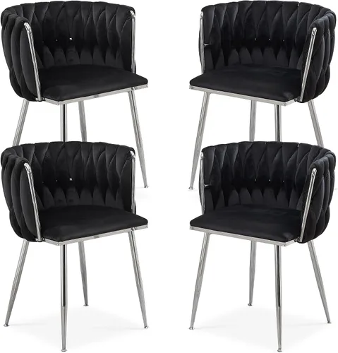 Miniatura 21 de Juego de 2 sillas de comedor de terciopelo, sillas laterales tapizadas tejidas con patas de metal plateado, Sillas de Comedor 2, sillas decorativas