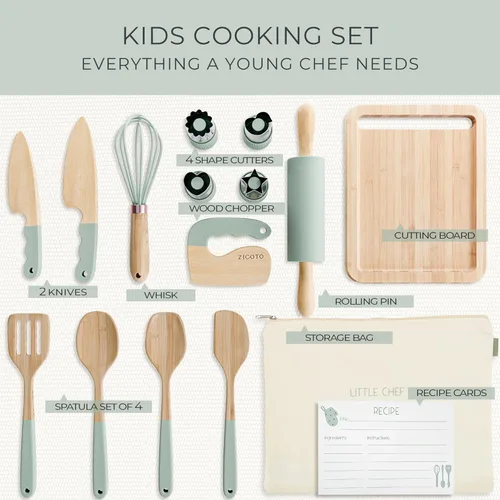 Miniatura 5 de Juego de cocina y horneado de madera para niños, herramientas de cocina seguras y reales que dan a los niños una experiencia de cocina divertida.
