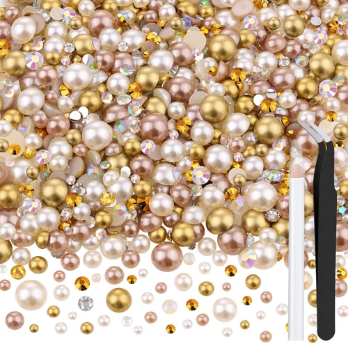 Miniatura 16 de 100g de cuentas de perlas planas y diamantes de imitación, 1-Rosa y blanco, tamaño mixto de 3-10mm, resina, diamantes de imitación y medias perlas