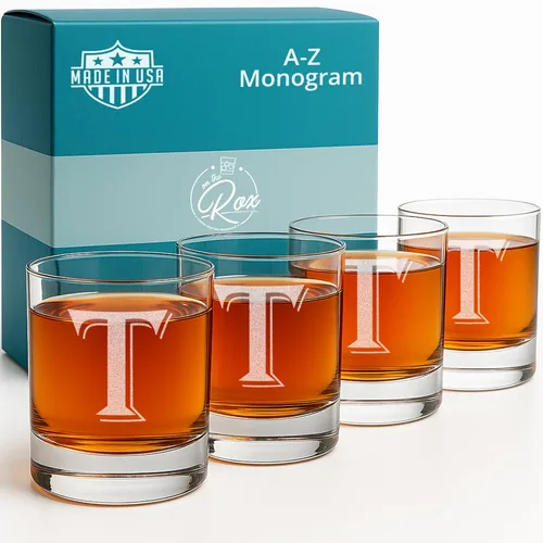 Miniatura 21 de On The Rox Drinks Juego de 4 vasos de vidrio grabados con monograma B, 11 onzas