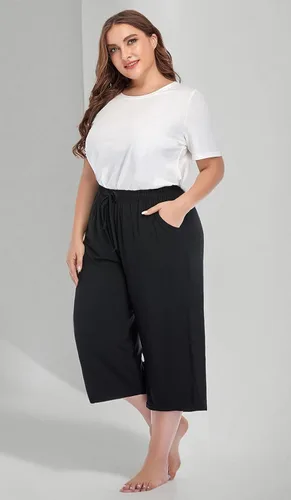 Miniatura 6 de ZERDOCEAN Pantalones casuales de pierna ancha para mujer, talla grande, cómodos, capri, relajados, con bolsillos con cordón
