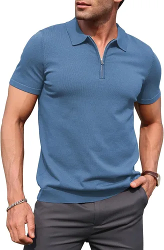 Miniatura 8 de RQP Camisas polo con cremallera para hombre, camisas casuales de punto de manga corta/larga, camisas de golf elásticas ajustadas, suéter suave