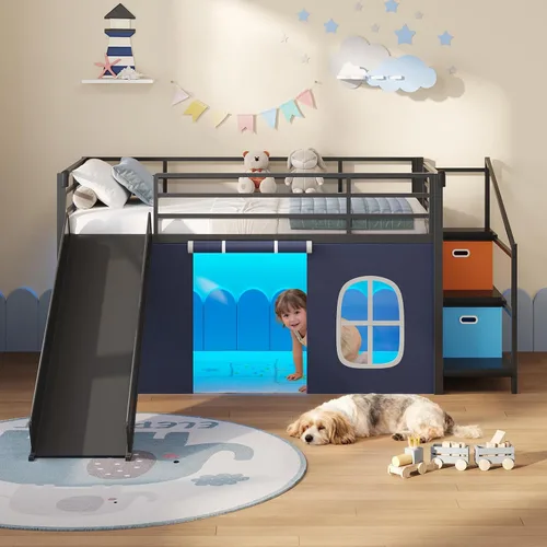 Miniatura 3 de DICTAC Cama alta baja con tobogán, escalera de almacenamiento y luces LED, cama alta de metal tamaño individual con espacio de juego debajo
