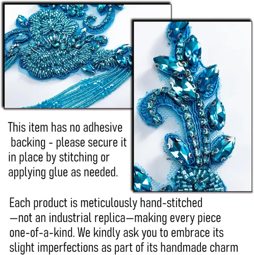 Miniatura 5 de Pareja de adornos de pedrería con cuentas en azul cielo, bordados de aplique para ropa, hombreras con pedrería de diamantes y lentejuelas