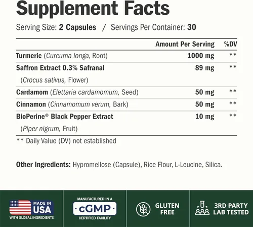 Miniatura 2 de Suplementos de azafrán – 89 mg de extracto de azafrán y 1000 mg de mezcla de cúrcuma – Suplemento de cúrcuma con canela de Ceilán y cardamomo