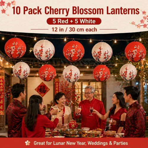 Miniatura 5 de Hoypeyfiy Paquete de 10 linternas de papel de flor de cerezo, 12 pulgadas, linternas japonesas Sakura rojas y blancas, linternas de papel redondas