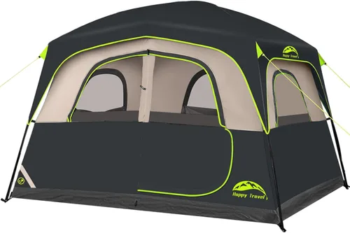 Happy Travel Tent 6 Person Tents for Camping, Waterproof Easy Setup Camping Tent with Rainfly, Portable Large Family Cabin Tent with 5 Large Mesh