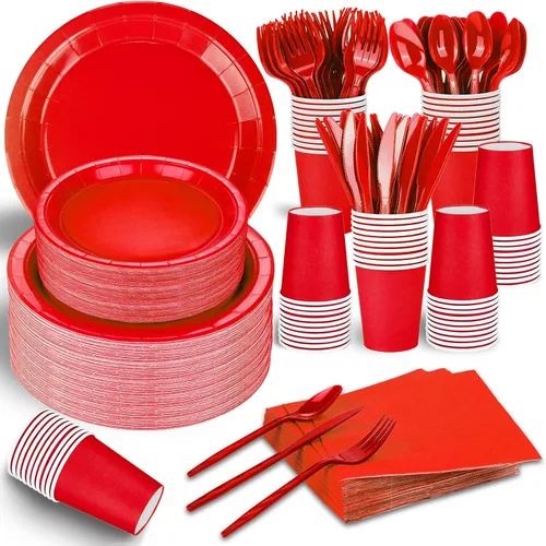 Miniatura 10 de El juego de 228 piezas de suministros de fiesta color rosa incluye platos de papel, vasos, servilletas rosas, cucharas de plástico, tenedores