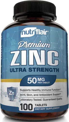 NutriFlair Gluconato de zinc de 50 mg, 100 tabletas – píldoras de suplemento de refuerzo del sistema inmunológico de alta potencia, defensa