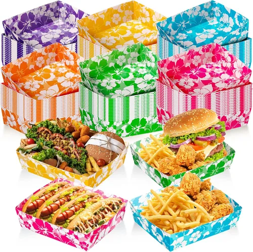 Miniatura 9 de Nitial 24 bandejas de papel de hibisco para fiestas, desechables, barcos de comida para fiestas, decoraciones temáticas hawaianas de 5 libras