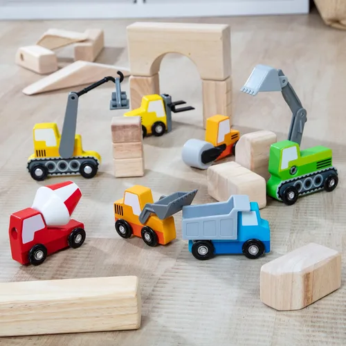 Miniatura 7 de Melissa & Doug – de madera de construcción sitio Vehículos con bandeja de almacenamiento de madera (8 Pcs)