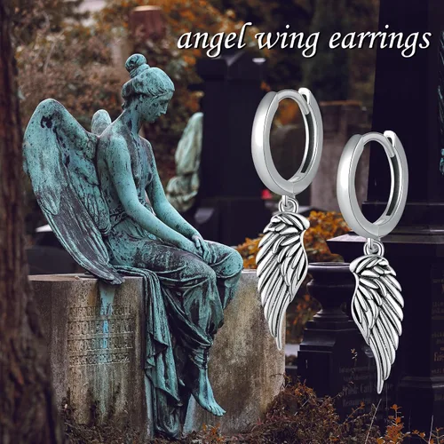 Miniatura 5 de JERWLI Aretes de ala de ángel de plata de ley 925 con alas de ángel demonio, aretes de gota para mujeres y hombres, Plata de ley, No es una piedra