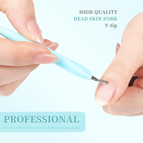 Miniatura 5 de 50 piezas de cortador de cutículas de uñas, limpiador de uñas de goma, cuchillo de cutícula con mango de plástico, doble extremo, tenedor de piel