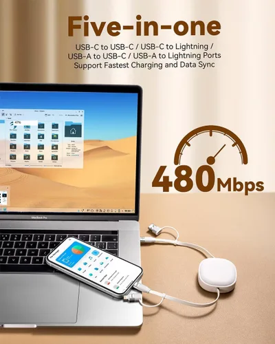 Miniatura 3 de Minlu Cable de carga retráctil de 65 W, cable de carga múltiple 5 en 1 para viajes, cable de carga USB tipo C, cable de carga rápida con USB A/C a