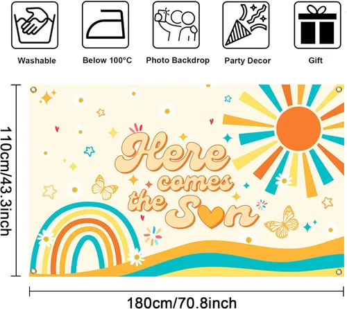 Miniatura 7 de Mocsicka Banner bohemio para baby shower con texto en inglés «Here Comes The Sun», decoración de fiesta de baby shower, para fotografía, decoración