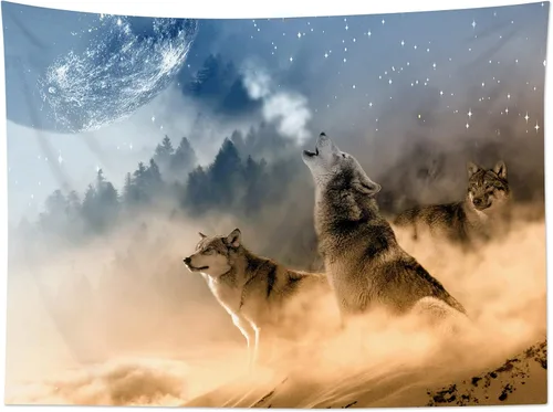 Miniatura 3 de HVEST Tapiz de pared de lobo para colgar en la pared, tapiz de animales salvajes, lobos aullidos en tapices nevados, escena de nieve de invierno