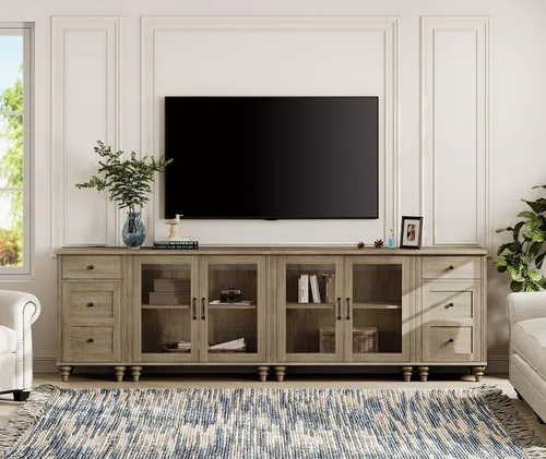 Miniatura 11 de WAMPAT Soporte de TV grande para TV de 100 pulgadas, mesa consola de TV vintage para TV de 85, 90 y 95 pulgadas, centro de entretenimiento con Blanco
