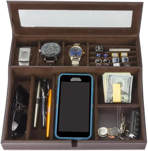Houndsbay Navigator - Bandeja organizadora grande para hombre con caja de relojes, organizador de joyas y estación de carga para móvil, Café Oscuro,