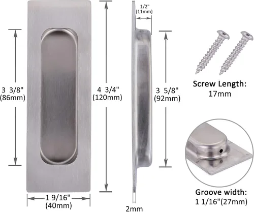 Miniatura 3 de Lpraer Paquete de 2 tiradores empotrados rectangulares para puertas correderas de 4.75 x 1.6 pulgadas, níquel cepillado, acero inoxidable
