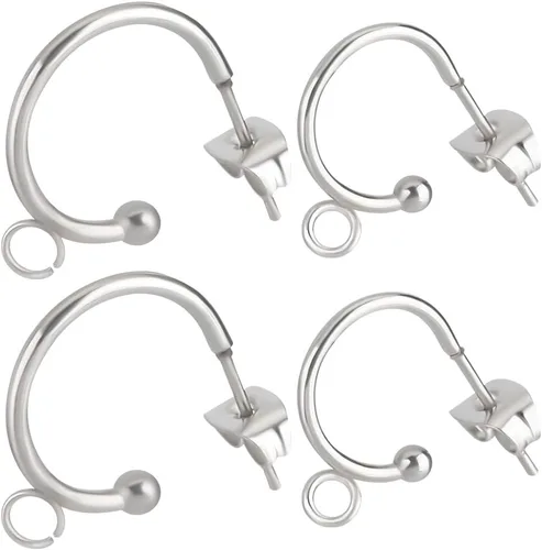Beebeecraft 1 caja de 20 aretes de aro de 2 tamaños de acero inoxidable con lazo y tuercas para la oreja para hacer joyas de bricolaje Plata